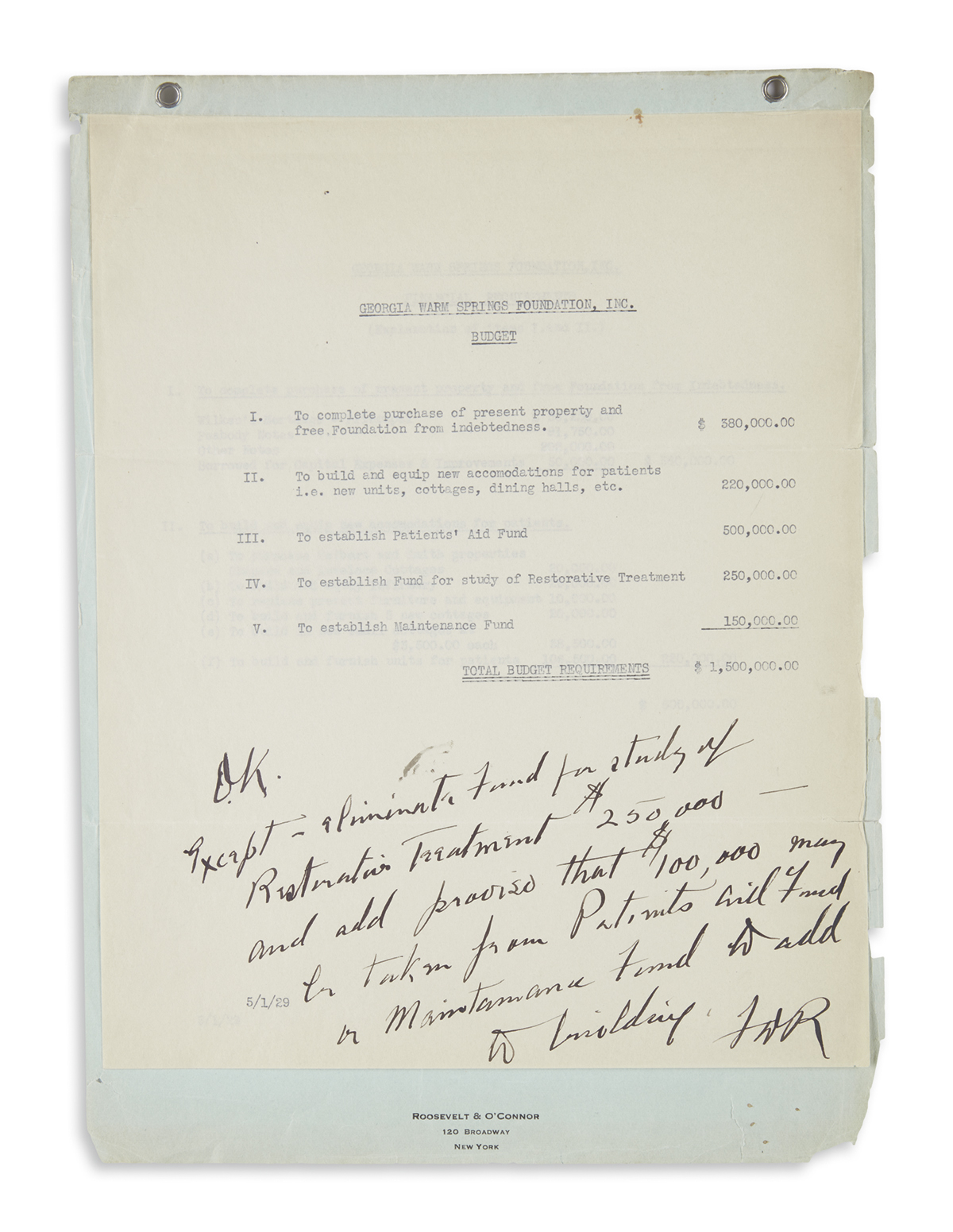 ROOSEVELT, FRANKLIN D. Autograph Endorsement Signed, FDR, as Governor, on the first page of a typed budget proposal for the Georgia